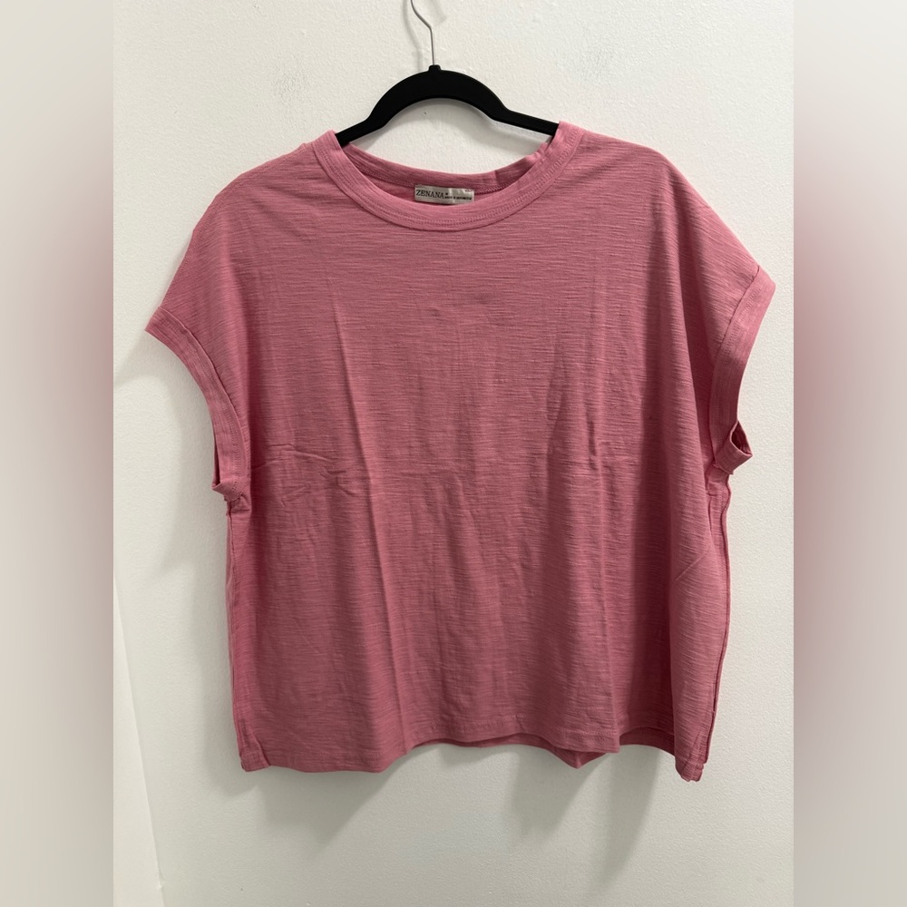 Zenana 100% Cotton 
Round Neck Cuffed Detail Short Sleeve Top